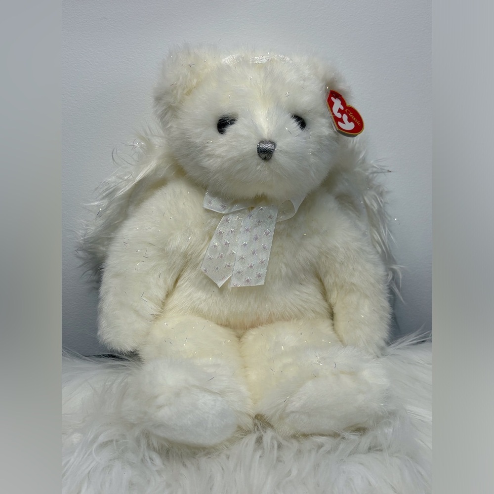 Ty(49)Angelina White Sparkle Angel Beanie Buddy Bear with Red Heart Tag